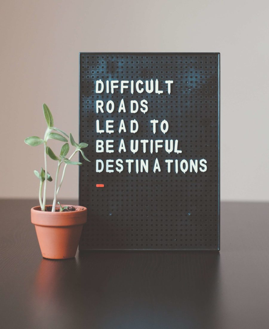 A plant and sign that says "Difficult roads lead to beautiful destinations."
